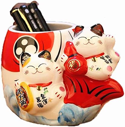 EatingBiting Fortune Japanese Lucky Beckoning Cats Maneki Neko Flower Pot Vase Pen Holder, Ceramic Pencil Holder