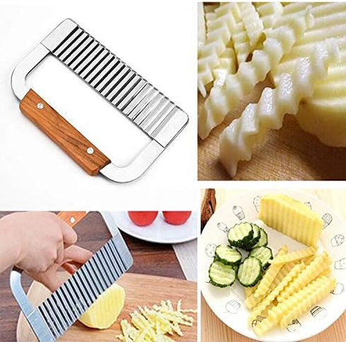 Super Leader Crinkle Cutting Tool French Fry Slicer Stainless Steel Blade Wooden Handle Vegetable Salad Chopping Knife for chopping veggies, cutting fruit, potato, soap, waffle fries, pickle (Arc) (1) by Super Leader