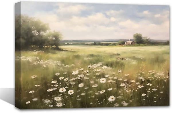 QIXIANG Vintage Farmhouse Picture Wall Decor, Wildflower Field Landscape Daisy Oil Painting Canvas Prints
