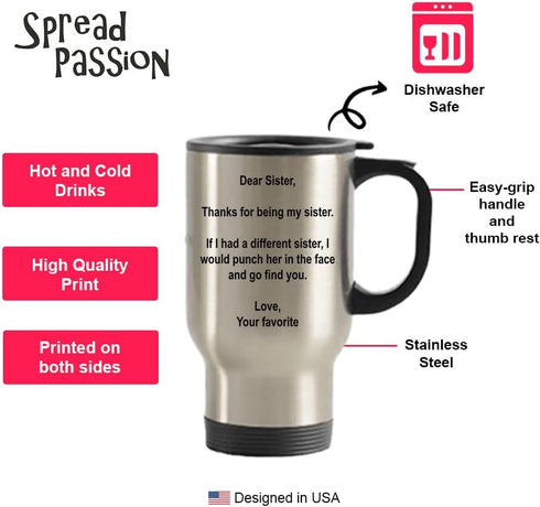 SPREADPASSION Dear Sister Tumbler, Stainless Steel Novelty Tumbler, 14 Oz Hot Tea Travel Tumbler, Gift Idea