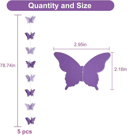 BEISHIDA 5Pcs Purple Lavender Butterfly Paper Garland, Hanging Decorative Banner for Halloween Home Decor, Birthday