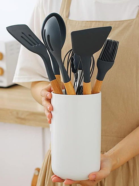 Ceramic Kitchen Utensil Holder for Countertop - Matte White, Space Saving Compact Rack for Cooking Utensils (#1)