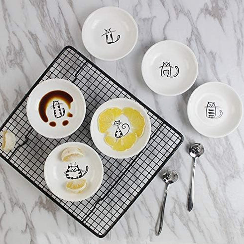 BigNoseDeer Super Cute Cat Ceramic Sauce Dish, Mini Side Seasoning Dish, Set of 6