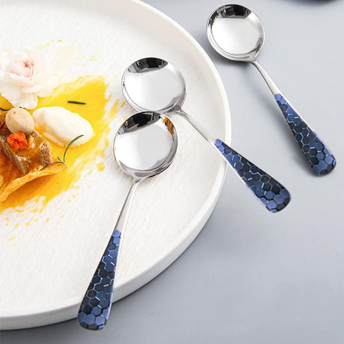 Stainless Steel Coffee Round Spoon - 4 Set of 6 Inches Korean Dessert Spoon with Hexagonal Pattern for Home or