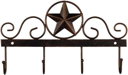 Metal Barn Star Key Rack Holder, Wall Mounted Decorative Key Holder with 4 Hooks, Dark Brown