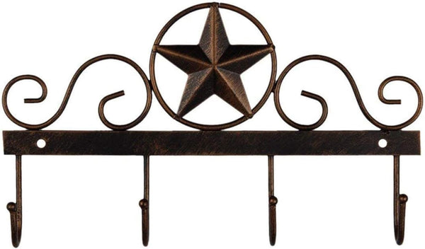 Metal Barn Star Key Rack Holder, Wall Mounted Decorative Key Holder with 4 Hooks, Dark Brown