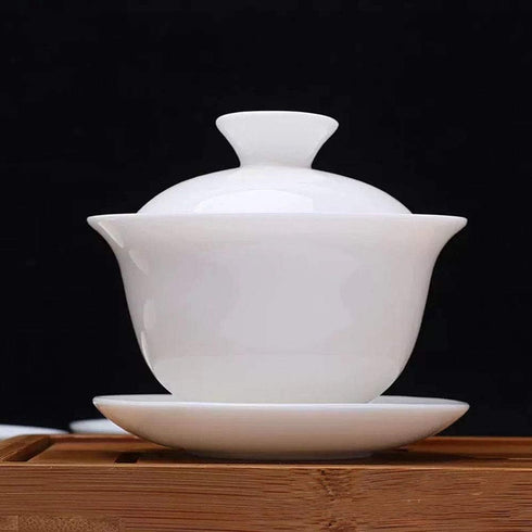 Gaiwan White Glaze Porcelain Teacup, Kung Fu Tea Service Set for Home Office Decoration (100ml)