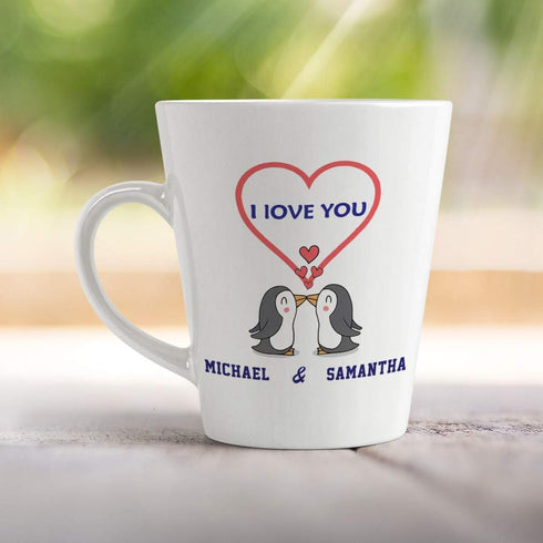 Personalized Custom Text Ceramic Latte Mug - I Love You Two Penguins, 12 Oz