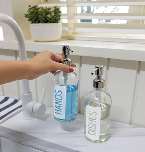 JASAI 2Pack Glass Soap Dispenser, 18OZ, White, Rustproof 304 Stainless Steel Pump, Kitchen Soap Dispenser with Labels