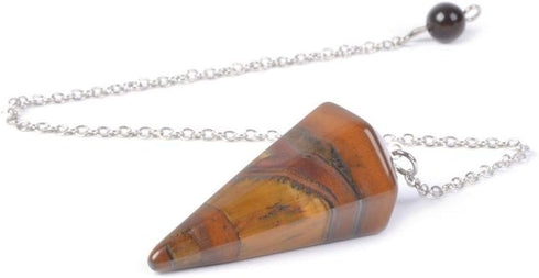 Justinstones Natural Iron Tiger Gemstone Rock Crystal Hexagonal Pointed Reiki Chakra Pendant Pendulum.