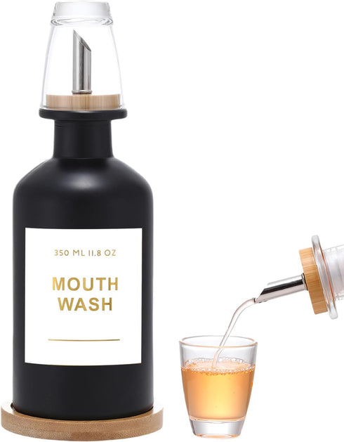 BONLONG 11.8OZ Glass Mouthwash Dispenser for Bathroom with Stainless Steel & Bamboo Nozzle,