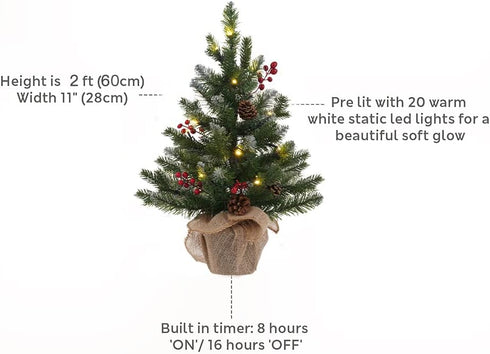 MEETYAMOR 2 FT Mini Christmas Tree, 24" Prelit Small Artificial Tabletop Snow Flocked Christmas Trees with Timer and