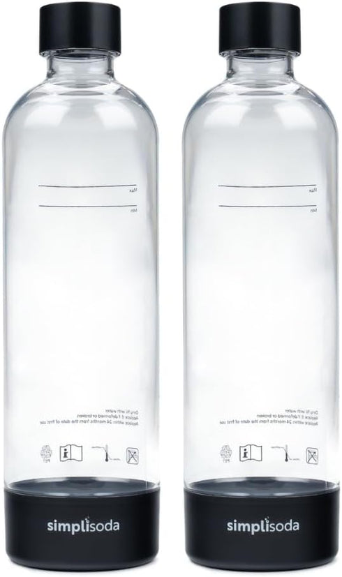 Simpli Soda Carbonating Bottles, 1L 2-Pack Reusable PET Sparkling Water Bottles Compatible