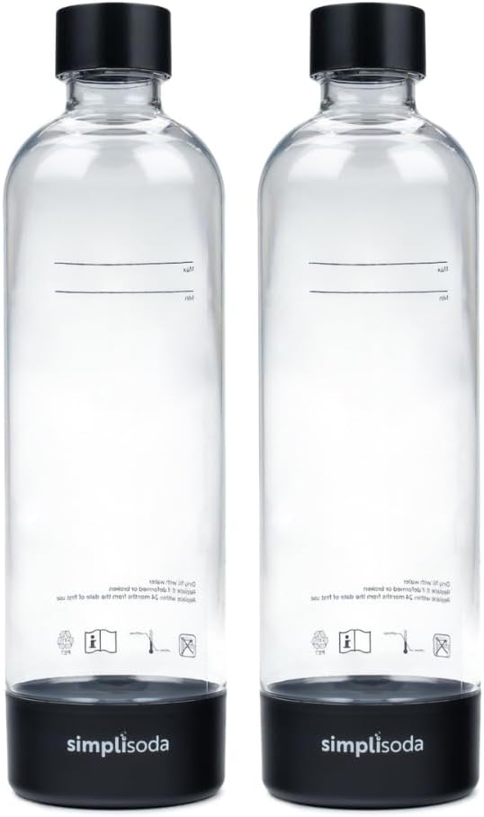 Simpli Soda Carbonating Bottles, 1L 2-Pack Reusable PET Sparkling Water Bottles Compatible