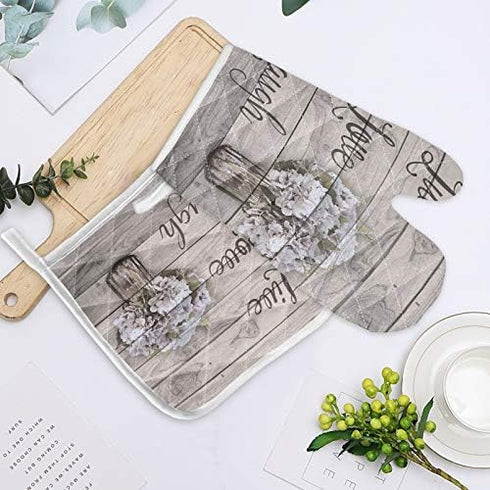 Set of Oven Mitt and Pot Holder - Heat Resistant Non-Slip Oven Gloves for Kitchen BBQ Cooking with Vintage Hydrangea