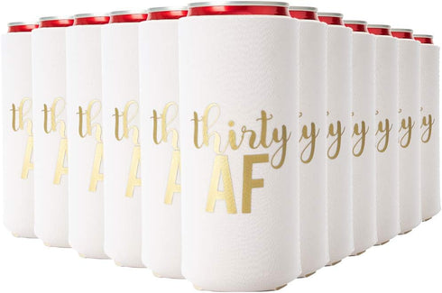 Thirty AF Can Coolers, 30th Birthday Party Coolies, Set of 12, White and Gold Dirty 30 Birthday Decoration
