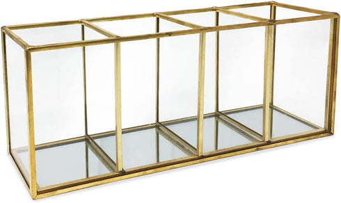 Isaac Jacobs Vintage Style Brass and Glass 4-Compartment Organizer - Makeup Brush Holder with Mirror Base (Antique Gold)
