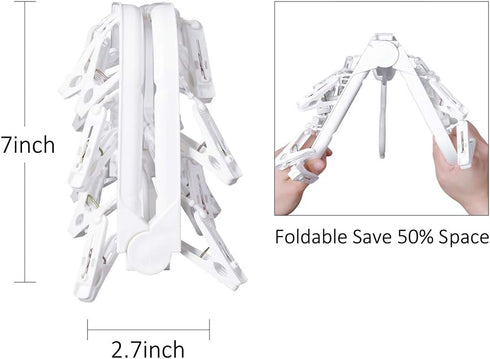 Foldable Clip Hangers with 26 Drying Clips, Plastic Laundry Clip and Drip Drying Hanger for Socks, Bras, White