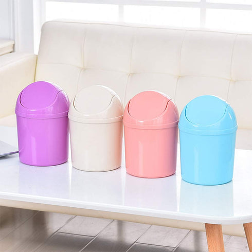 2 Pcs Plastic Mini Wastebasket Trash Can with Swing Lid, 120 Trash Bags, Tiny Desktop Bin for Home Office (Pink + Beige)