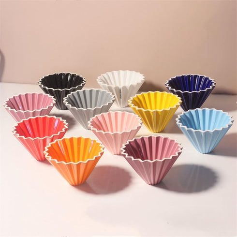 Ceramic Coffee Dripper - Elegant Flower Shape Pour Over Coffee Maker with Wood Stand (White)