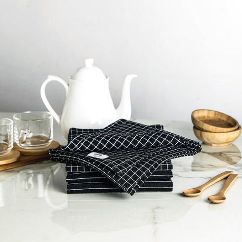 Encasa XO Cotton Kitchen Towel Set, Pack of 4, X-Large 28"x18", Highly Absorbent Hand and Tea Cloth - Butcher Black