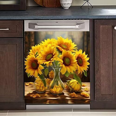 Modern Sunflower Dishwasher Magnet Cover, Appliance Sticker Blooming Sunflower Front Cover, 23" x 26"