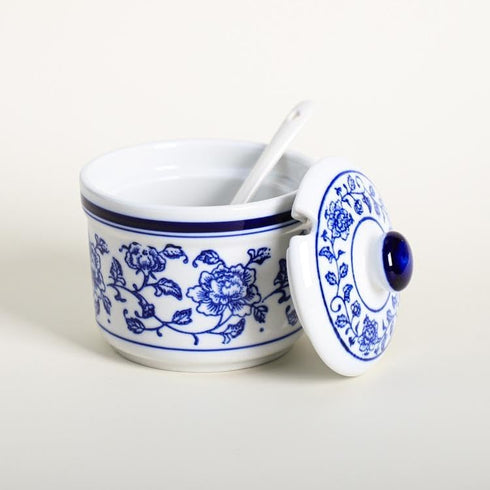 Retro Ceramic Blue and White Sugar Bowl, Seasoning Pot Storage Jar with Lid