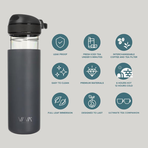 16 oz, VIVA Recharge Grey Insulated Tea & Coffee Mug & Travel French Press Coffee Maker, Brew & Drink From the Same