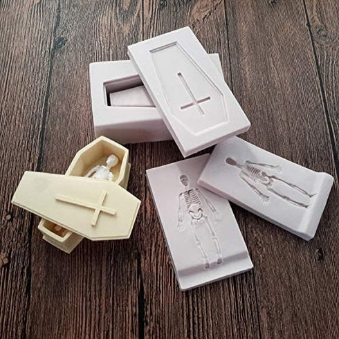 4Pcs/Set 3D Coffin with Cross & Skull Skeleton Fondant Molds, Halloween Theme Silicone Decorating Tools