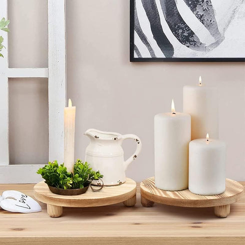 2 Pack Counter, Wood Riser for Decor, Wood Pedestal Stand for Display, Round Wooden Tray for Kitchen Wooden Pedestal