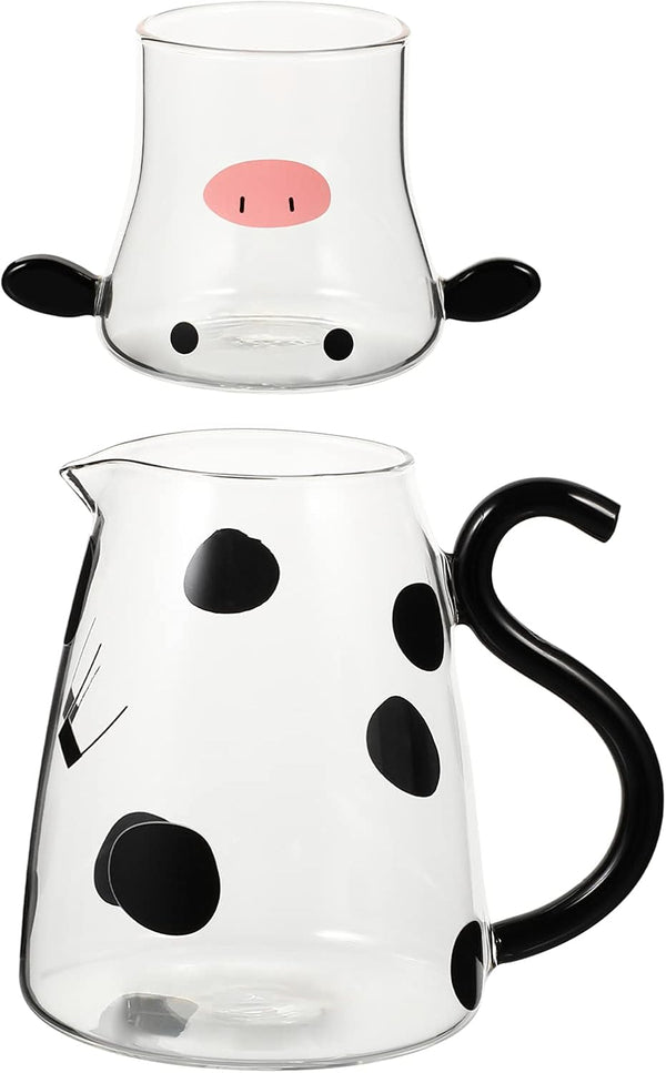 1 Set Glass Carafe Pitcher with Glass Mug, Cute Cow Glass Tea Pitcher Kettle, 550ml Night Water Carafe