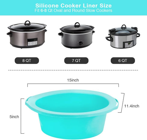 ChefAid Slow Cooker Liners, 100% Silicone Reusable Insert Accessories for 6-8 Quart Slow Cookers, Food Safe (Grey-Mint)