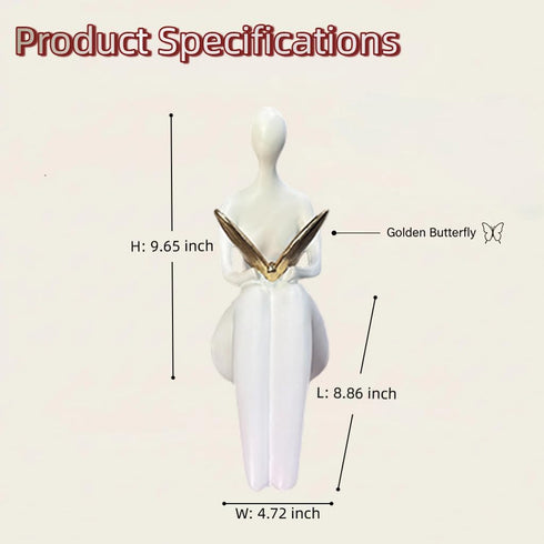 Lescafita White Abstract Sitting Figurine with Gold Butterfly Modern Shelf Sitter Sculpture for Home Decor, Minimalist