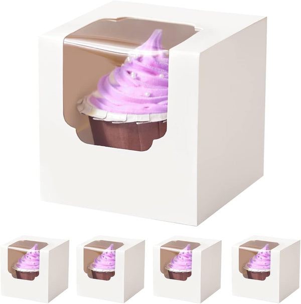 Individual White Cupcake Boxes with Window and Inserts, 15 Count Pre-Assembled Auto-Popup for Wedding Baby Shower