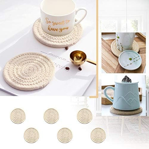 Gracelife 6pcs Round Drink Cup Mats, Pure Cotton Thread Weave, Absorbent Scald-proof Coasters, Beige