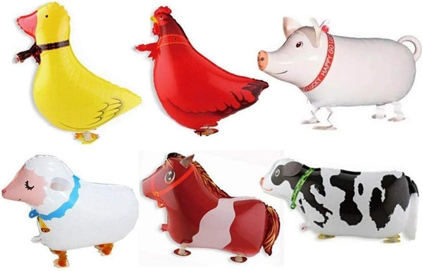 Pack of 6 Walking Animal Balloons, Farm Animal Balloon Birthday Party Décor (Pony, Duck, Rooster, Cow, Pig, Sheep)