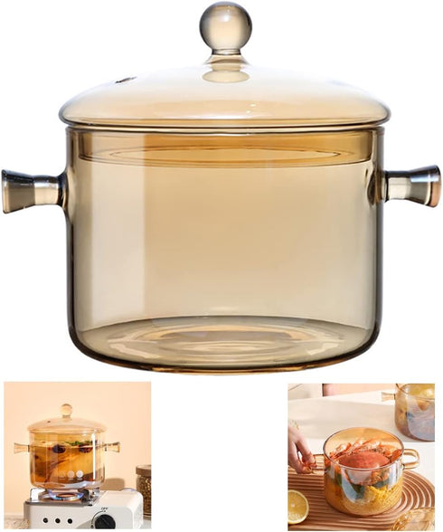 Glass Pot with Cover, Heat Resistant Cooking Pot and Pan with Lid, 1.5L/50 OZ for Pasta, Noodle, Soup