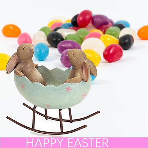 Vintage Rustic Country Bunnies Rabbit Figurine Statue, Laughing Bunny Rabbits Rocking in an Easter Egg Cradle