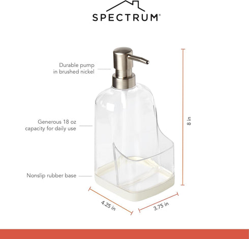 Spectrum Cora Kitchen Soap Dispenser with Sponge Holder for Kitchen Sink Organization, Easy to Clean Soap Pump Sponge