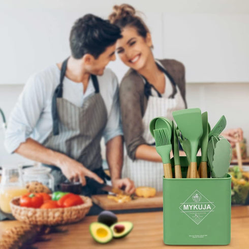 MYKUJA Green Kitchen Cooking Utensils Set - 13 Pcs Heat Resistant Silicone Non-Stick Spatula Set with Holder