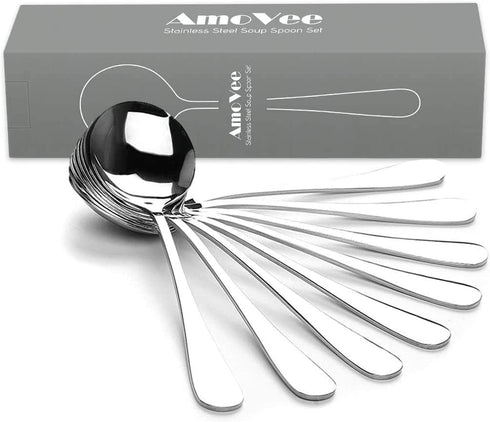 Soup Spoons, AmoVee Wholesale Stainless Steel Alpha Round Spoons, Set of 16