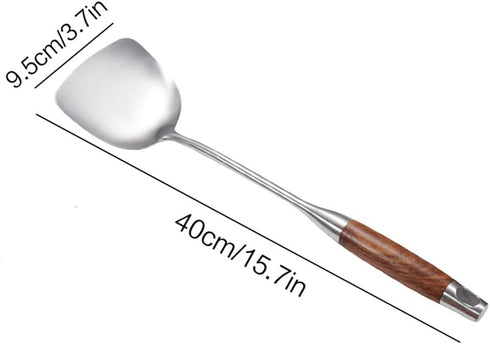 AOOSY Wok Spatula, 15.7 Inches, 18/10 Stainless Steel Utensil with Wooden Handle for Kitchen Cooking