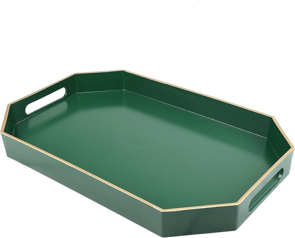 Green Decorative Tray with Handles, Versatile Serving Tray for Coffee Table, Ottoman,
