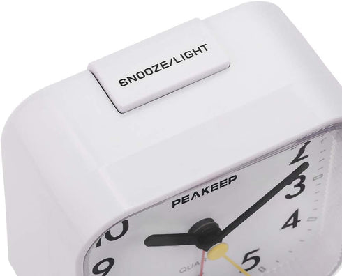 Peakeep Small Battery Operated Analog Travel Alarm Clock, Silent No Ticking with Lighted on Demand and Snooze