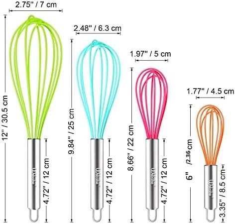 Webake Silicone Whisk Set of 4, Large Medium Small Mini Heat Resistant Non-scratch Coated Kitchen Whisks for Cooking