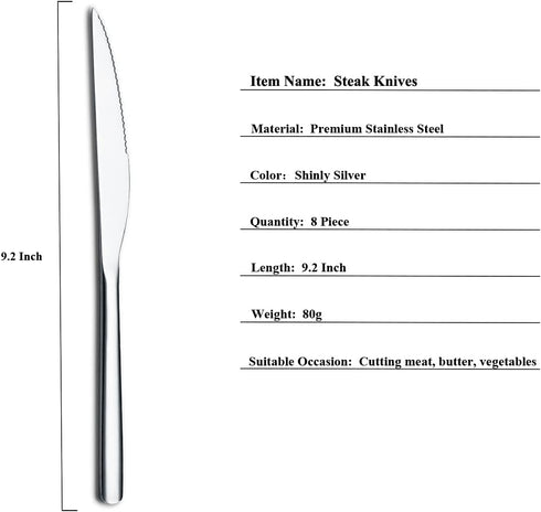 HOMQUEN Steak Knives, 8 Piece Premium Stainless Steel Steak Knife Set, Meat Knife Sets, German Steak Knives Serrated, Tomato Knife, For Home, Kitchen or Restaurant, Dishwasher Safe (Silver-9.2 Inch) by HOMQUEN
