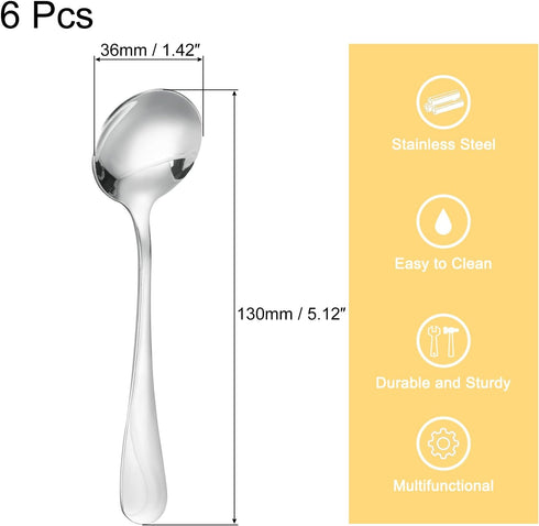 uxcell 6Pcs Stainless Steel Soup Spoon 5.1 Inch Tea Spoons Round Dinner Spoons Dessert Spoon for Dinner Bouillon Coffee Soup, Silver