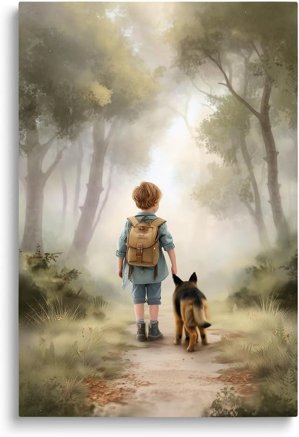 SKYSUKEY Boy and Dog Friend German Shepherd Dog Adventure Nursery Wall Decor, Outdoor