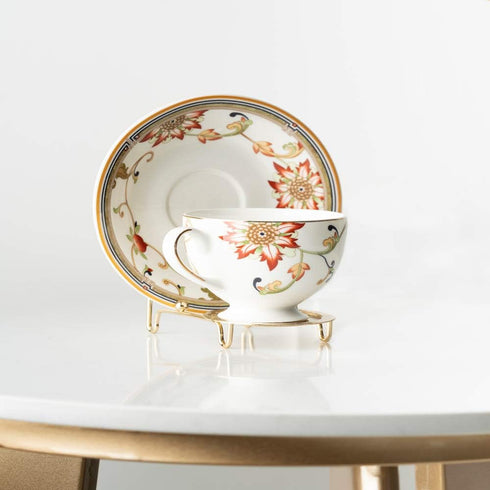 HOHIYA 6pc Cup and Saucer Display Stand Tea Holder Rack for China Teacup, Coffee Mug Organizer, Gold Etched Base