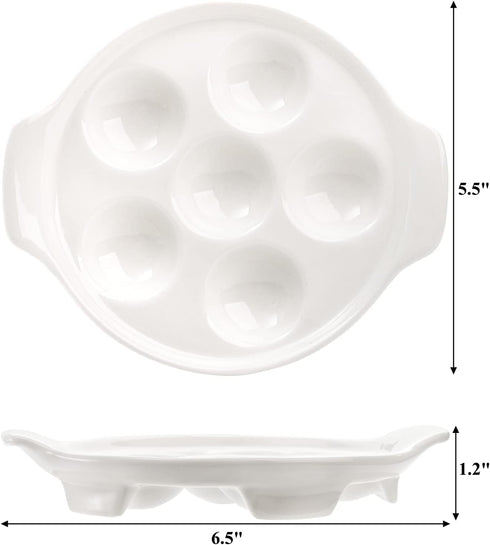 Okllen 4 Pack Ceramic Escargot Plates with 6 Holes and Handles, 6.5 Inch Seafood Snail Dish Footed Plates White Escargot Baking Dish Barbecue for Home, Kitchen, Restaurant
